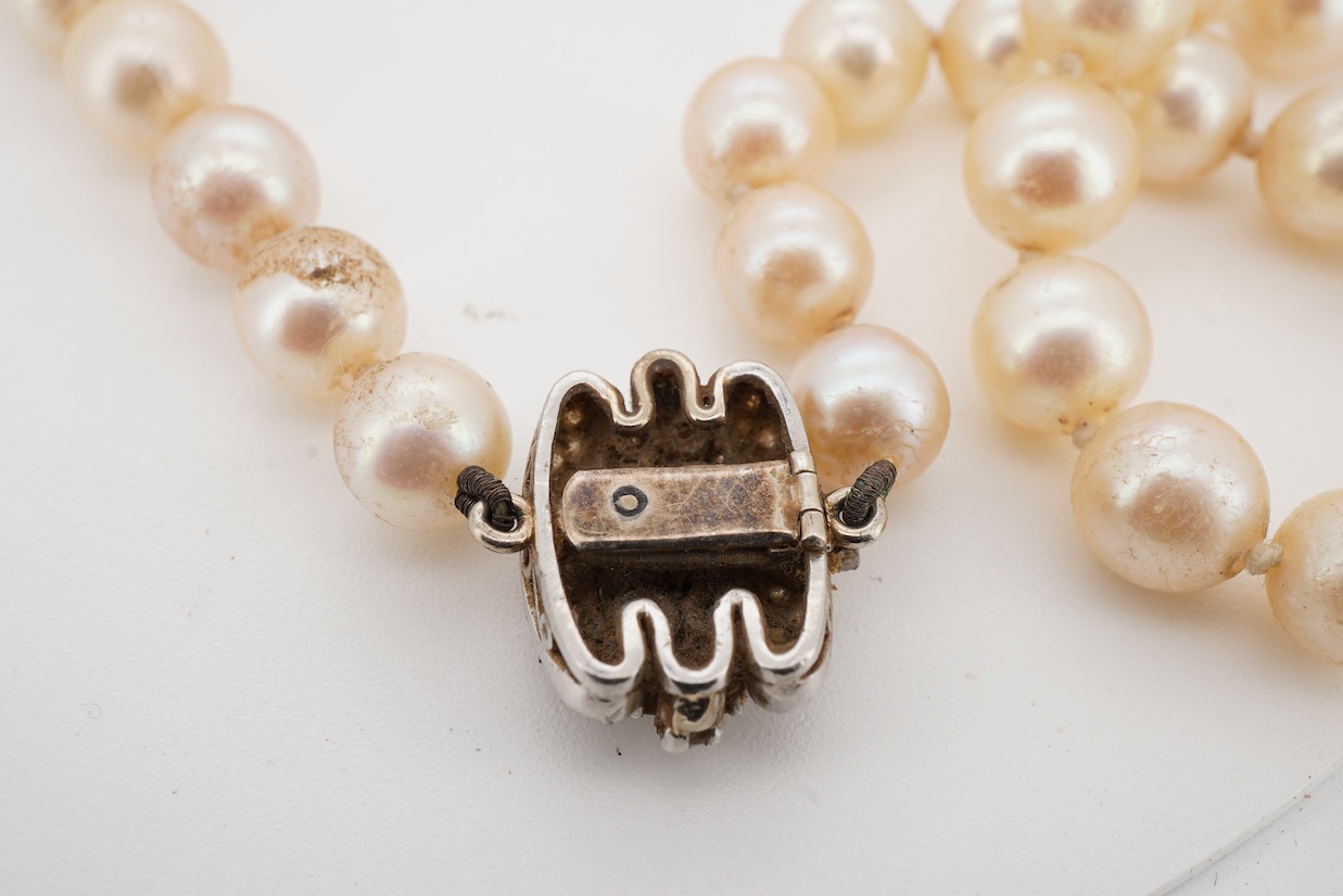 A single strand cultured pearl necklace, with white metal clasp set with two rows of graduated diamonds with a diamond chip border, 72cm.